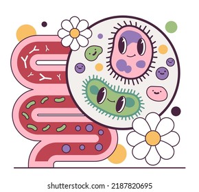 Good balance of intestinal flora. Microorganisms maintenaning intestinal cells, developing the immune system and destroying pathogens, drugs and toxins. Flat vector illustration