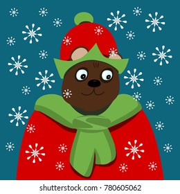 Good bear in Christmas elf clothing in blizzard 