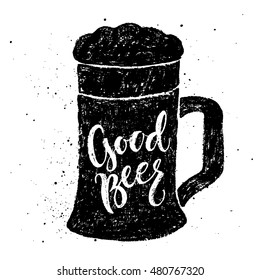 Good beer. Vector hand written brush pen calligraphy phrase or quote in a form of glass. Cute isolated letters on an abstract background for Oktoberfest marketing for pub and bar.