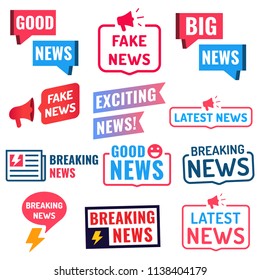 Good, big, fake, latest, breaking news. Set of badges, icons. Vector illustrations on white background.