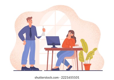 Good Boss Concept. Man Gives Advice To Subordinate, Consults And Answers Questions. Help And Support, Compliment. Organization Of Effective Workflow In Company. Cartoon Flat Vector Illustration