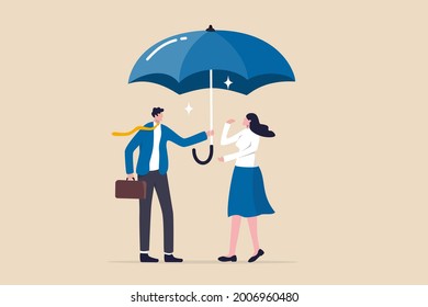 Good boss defend team for the right, cover or protection from business risk, help or support in career development concept, kindness businessman offer big umbrella to cover employee from bad weather.