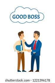 Good boss praising worker at job, company leader vector. Chief executive businessman talking to colleague, shaking hands and encouraging words to colleague