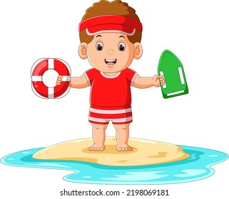 The good boy is holding safety equipment to swim on the beach of illustration