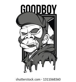 Good Boy Monkey Black and White Illustration