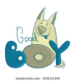 Good boy. Vector illustration with a dog, logo, mascot of a shop or goods for dogs and puppies, textile print