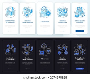 Good brand dark and light onboarding mobile app page screen. Business walkthrough 5 steps graphic instructions with concepts. UI, UX, GUI vector template with night and day mode illustrations