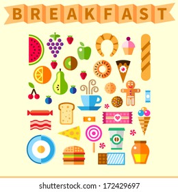 Good breakfast flat icon set in the morning