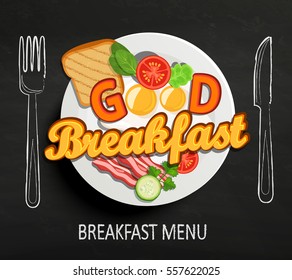 Good Breakfast lettering and hand drawn outline watercolor pan, fork and knife on textured black board background. Vector design for breakfast menu, cafe, restaurant. 