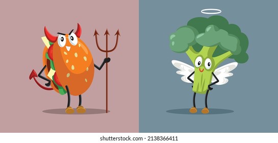 
Good Broccoli and Bad Burger Concept Cartoon Illustration. Comparison between a hamburger sandwich and green vegetables 
