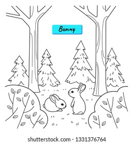 Good bunny sitting in grass. Coloring book for kids. Cartoon vector illustration for prints, posters, t-shorts and postcards.