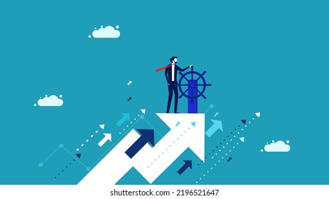 Good business direction. Businessman driving a flying arrow. vector illustration