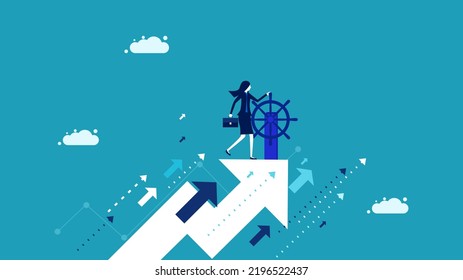 Good business direction. Businesswoman driving a flying arrow.
