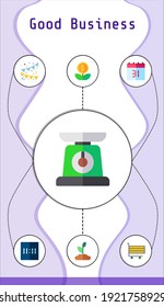 good business editable infographic template with icons of calendar, digital clock, flags, scale, growth, sprouts, cart