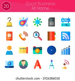 good business at home icon set. 20 flat icons on theme good business at home. collection of calendar, document, pattern, networking, media, Compass, departures, research