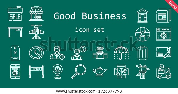 good business
icon set. line icon style. good business related icons such as ice
cream car, newspaper, loupe, smartphone, mobile map, shop,
umbrella, cabin, clock, control
tower