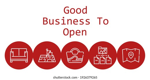 good business to open background concept with good business to open icons. Icons related sofa, folder, bag, position, map