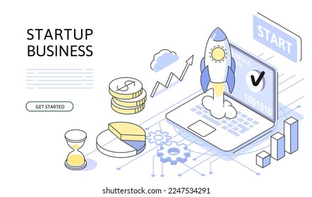 Good business start Isometric Design. Use for web page, banner, infographics. Flat illustration editable line. Startup project