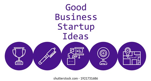 good business startup ideas background concept with good business startup ideas icons. Icons related presentation, webcam, pen, trophy, map