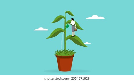 good business strategy management to achieve high business growth flat vector illustration wit businesswoman watering his plant. investment concept. planting wealth. future success goal illustration