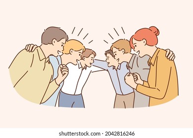 Good Business Team And Cooperation Concept. Group Of Young Colleagues Workers Standing Hugging Celebrating Success In Business Together Vector Illustration 