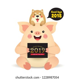 Good bye 2018 and welcome 2019. Cute cartoon dog and pig with new year greetings card isolated on white background. Happy New Year flat vector illustration.