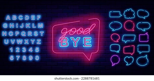 Good bye neon emblem in think cloud with lettering. Farewell concept. Leaving text. Glowing blue alphabet. Speech bubbles frames set. Shiny invitation. Light banner. Vector stock illustration