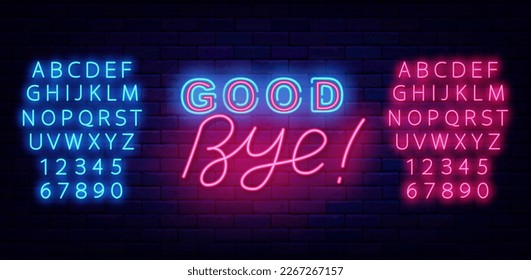 Good bye neon label. Glowing lettering. Farewell concept. Leaving text. Luminous pink and blue alphabet. Glowing invitation on brick wall. Shiny banner. Vector stock illustration