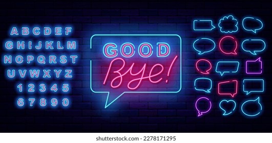 Good bye neon label in think cloud with lettering. Farewell concept. Leaving text. Luminous blue alphabet. Speech bubbles frames set. Glowing invitation. Shiny banner. Vector stock illustration