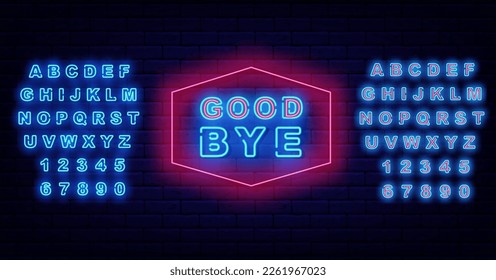 Good bye neon label in vintage frame. Farewell concept. Leaving text. Luminous blue alphabet. Glowing invitation on brick wall. Shiny banner. Vector stock illustration