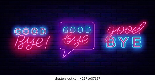 Good bye neon signs collection. Farewell concept. Leaving text. Glowing emblems on brick wall. Shiny banners. Editing stroke. Vector stock illustration