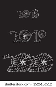 Good bye old years and welcome New 2020 Year vector illustration, bicycle hand drawn elements on black background