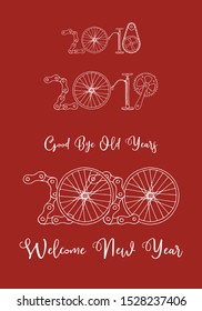 Good bye old years and welcome New 2020 Year vector illustration, bicycle hand drawn in red
