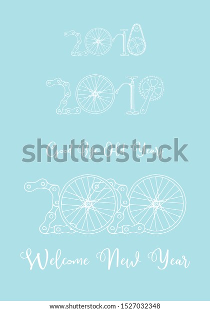 Good bye old years and
welcome New 2020 Year vector illustration, hand drawn bicycle in
baby blue
