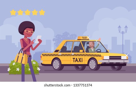 Good car and driver in taxi rating app system. Happy female passenger ranking with smartphone application vehicle, service quality, route, price, safety performance at five stars. Vector illustration