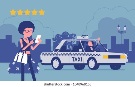 Good car driver in taxi rating app system. Happy female passenger ranking with smartphone application, service, route, price, safety performance at five stars. Vector illustration, faceless characters