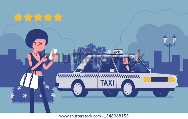 Good car driver in taxi rating app system.\
Happy female passenger ranking with smartphone application,\
service, route, price, safety performance at five stars. Vector\
illustration, faceless\
characters