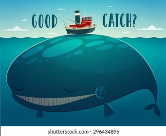 Good catch. Tugboat and whale. Vector illustration.