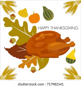 A good celebration meal pour Thanksgiving.
A card with an illustration in the autumn atmosphere, of a turkey roasted on a bed of leaf surrounded by hazelnuts, wheat and squash.