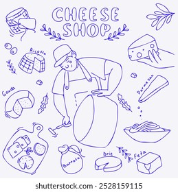 Buen mercado de queso premium, diseño de logotipo, tienda de queso, colección de Vector de leche de queso. Productos de la casa de la leche, tienda de comida. Ilustración vectorial dibujada a mano.