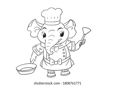 El buen chef elefante Ilustración vectorial de material para colorear libros imágenes, dibujos animados de animales, coloración de imágenes de cocina, logotipo de imágenes de alimentos, banner, publicidad, afiche, decoración, imágenes de presentación.
