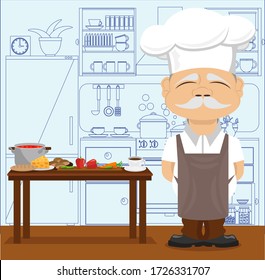 Good chef in the kitchen. Vector illustration on the theme of food and cooking.