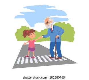 Good child helping senior man to cross street. Courteous kind kid taking old man across road, holding hand. Manners and respect vector illustration. Polite girl taking care of senior.