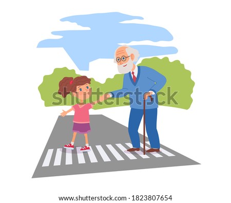 Good child helping senior man to cross street. Courteous kind kid taking old man across road, holding hand. Manners and respect vector illustration. Polite girl taking care of senior.