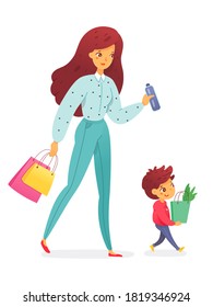 Good child holding shopping bag for mother. Courteous kind kid walking, helping with bags for young woman in shopping mall, shop or store. Manners and respect vector illustration.