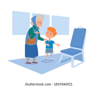 Good Child Offering Seat In Transport For Grandmother. Courteous Kind Kid Standing, Helping With Seating For Old Woman In Transport. Manners And Respect Vector Illustration.