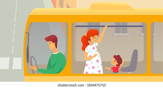 Good child offering seat in transport for pregnant woman. Courteous kind kid standing, helping with seating for girl in transport. Manners and respect vector illustration.