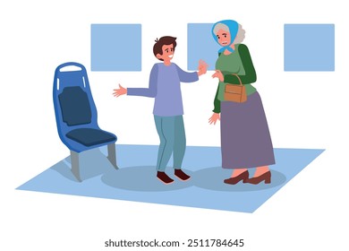 Good child offering seat in transport for grandmother. Courteous kind kid standing, helping with seating for old woman in transport. Manners and respect vector illustration.