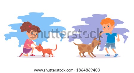 Good child versus bad kid with pets set. Angry boy playing with dog with stick, cute little girl sitting on ground and patting cat. Manners and behavior vector illustration.
