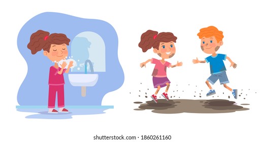 Buena cara de lavado de niños contra niños malos en barro. Muchacho y chica saltando en un charco sucio al aire libre contra chica limpia con jabón en el baño. Modalidades e ilustración vectorial de comportamiento.